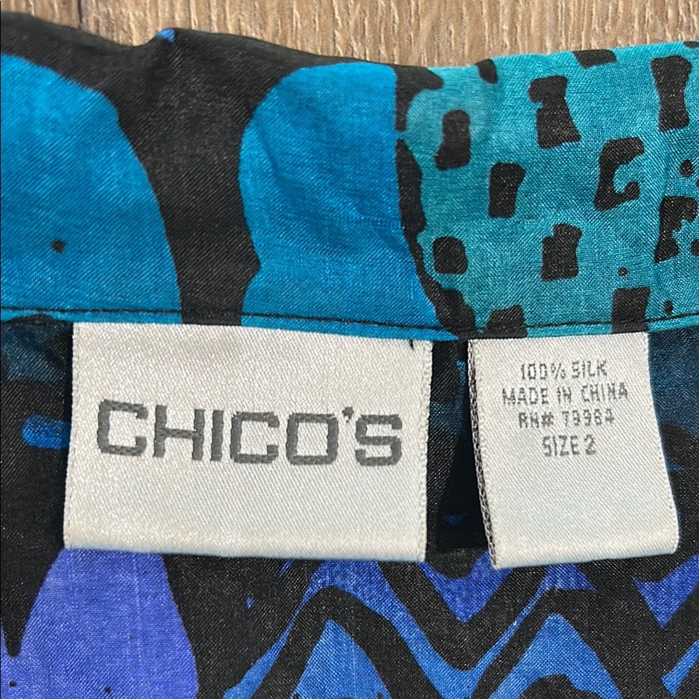 CHICO’S 100% Silk Blue and Black Patterned Lightweight Blazer Jacket - Picture 2 of 8